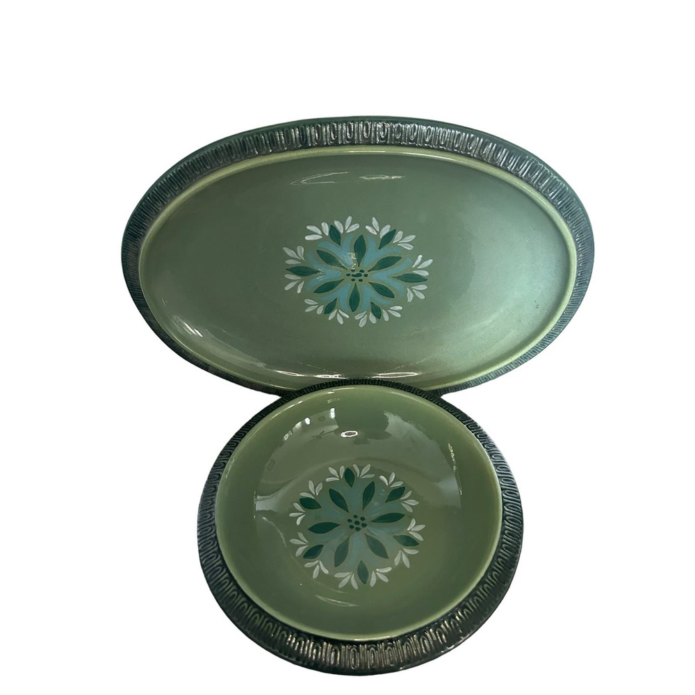 Vintage Mid Century Red‎ Wing Pottery Green Teal Flower Serving Platter bowl set